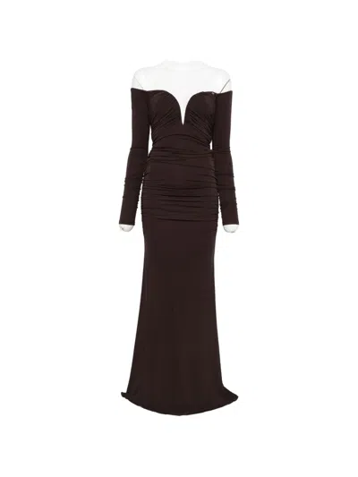 Elisabetta Franchi Brown Off-the-shoulder Gathered Dress In Burgundy