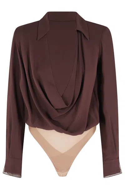 Elisabetta Franchi Brown Organza-inserts Padded-shoulders Viscose Bodysuit In Multi