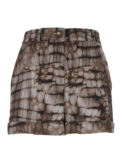 Elisabetta Franchi Brown Pants With Belt Loops And All-over Print In Viscose Stretch Woman