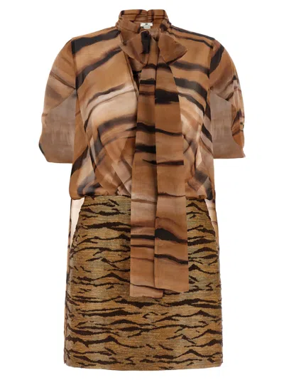 Elisabetta Franchi Tie-neck Printed Mini Dress In Brown