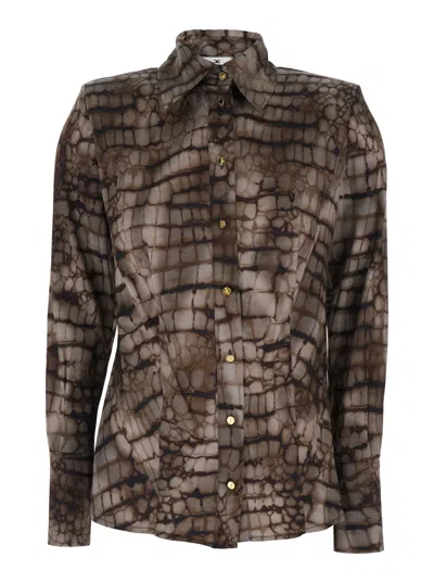 Elisabetta Franchi Brown Shirt With Classic Collar And All-over Print In Viscose Stretch Woman In Animal Print