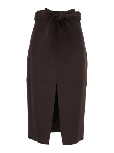 Elisabetta Franchi Brown Skirt With Front Bow And Single Front Slit In Viscose Stretch Woman