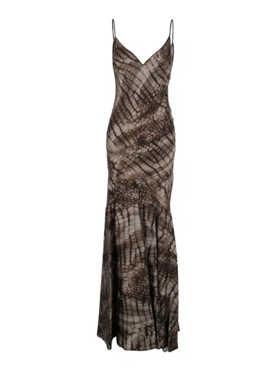 Elisabetta Franchi Brown Sleeveless Long Dress With V Neck And All-over Animal Print In Viscose Stretch Woman