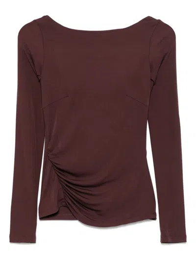 ELISABETTA FRANCHI BROWN T-SHIRT WITH BOAT NECK THIN STRAPS