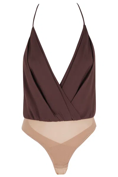 Elisabetta Franchi Brown Viscose Georgette Logo-jewel Viscose Bodysuit In Multi
