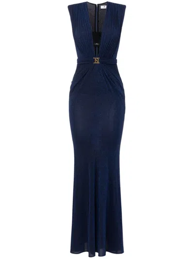 Elisabetta Franchi Built-in Bra Lurex Gown In Blue