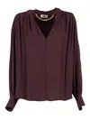 Elisabetta Franchi Burgundy Blouse With Deep V-neck And Pleated Detailing In White
