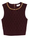 Elisabetta Franchi Cropped Sleeveless Sweater Gold Chain Detail In Brown