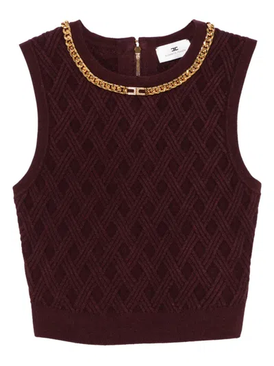 ELISABETTA FRANCHI BURGUNDY DIAMOND KNIT TOP WITH JEWEL DETAIL ELISABETTA FRANCHI