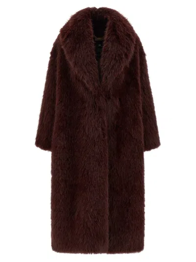 ELISABETTA FRANCHI BURGUNDY FAUX FUR LONG COAT