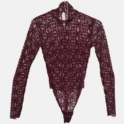 Pre-owned Elisabetta Franchi Burgundy Flocked Monogram Tulle Bodysuit S