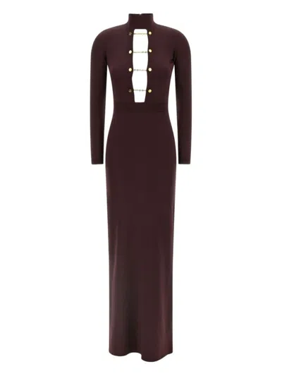 ELISABETTA FRANCHI BURGUNDY MIDI DRESS WITH GOLD CHAIN CUTOUTS