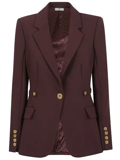 ELISABETTA FRANCHI BURGUNDY TAILORED BLAZER WITH GOLD BUTTONS AND PEAK LAPELS
