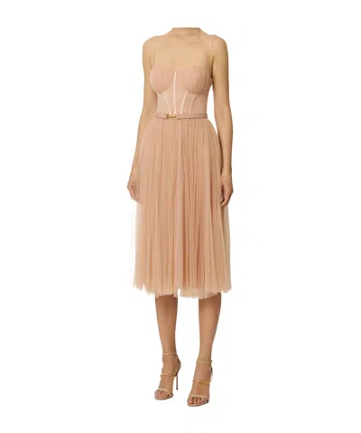 Elisabetta Franchi Bustier Dress In Tulle Fabric With Belt In Brown