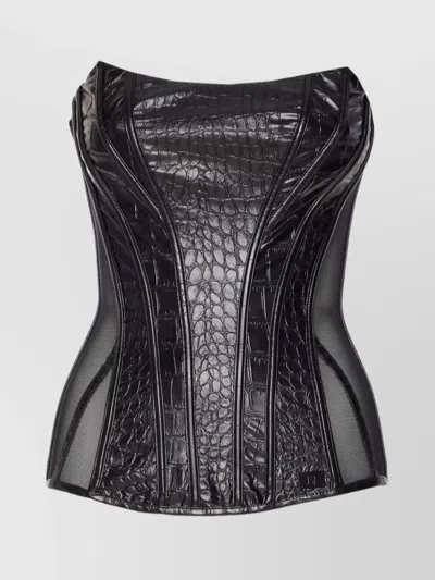 Elisabetta Franchi Bustier Top With Crocodile Texture And Sheer Panels In Black