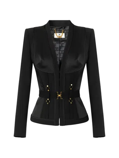 Elisabetta Franchi Belted Jacket Deep Neckline Gold Hardware In Black