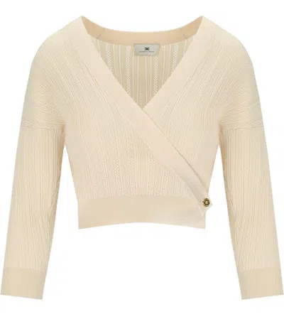 Elisabetta Franchi Butter Knitted Top With V-neck In Neutral