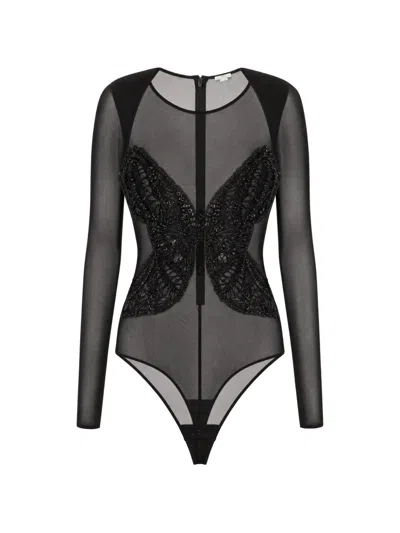 Elisabetta Franchi Butterfly-patch Sheer Bodysuit In Black