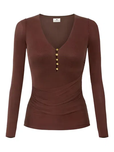 Elisabetta Franchi Button Draped Long-sleeve T-shirt In Brown