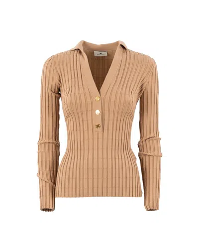 Elisabetta Franchi Button Placket Ribbed Top In Brown