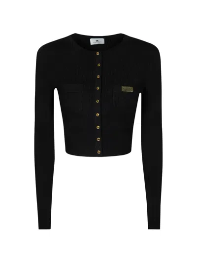Elisabetta Franchi Knit Cardigan Gold Tone Buttons Pockets In Black