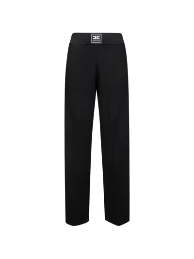 Elisabetta Franchi Tricot Trousers Elasticated Waistband Gold Buttons In Black