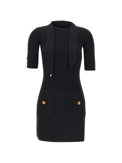 Elisabetta Franchi Fitted Mini Dress With Distinctive Nektie And Gold Accents In Black