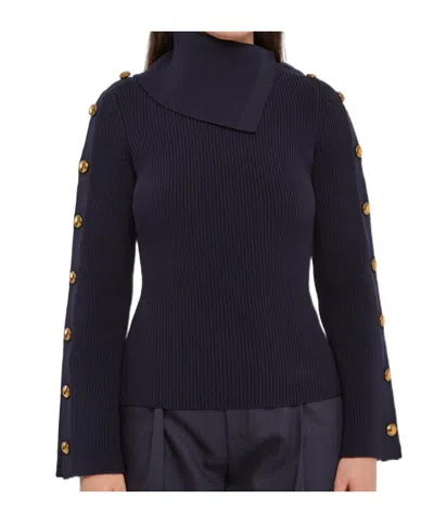 Elisabetta Franchi Button-embellished Ribbed-knit Sweater In Blue