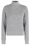 Elisabetta Franchi Cable Knit Tricot Sweater With Sequined Inserts And High Neck In Brown