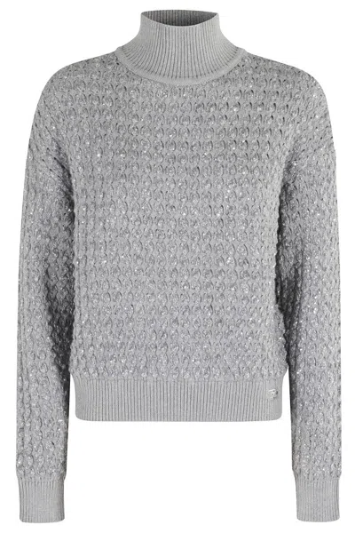 ELISABETTA FRANCHI CABLE KNIT TRICOT SWEATER WITH SEQUINED INSERTS AND HIGH NECK
