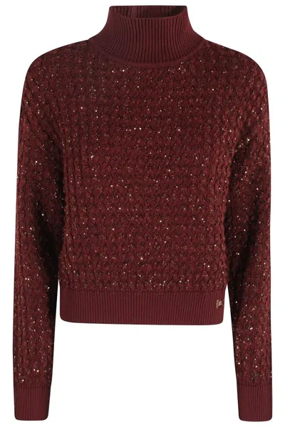 Elisabetta Franchi Cable-knit Tricot Sweater With Sequined Inserts In Red