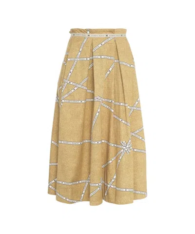 Elisabetta Franchi Calf-length Pleated Cotton Skirt With Logo Trimming In Neutrals