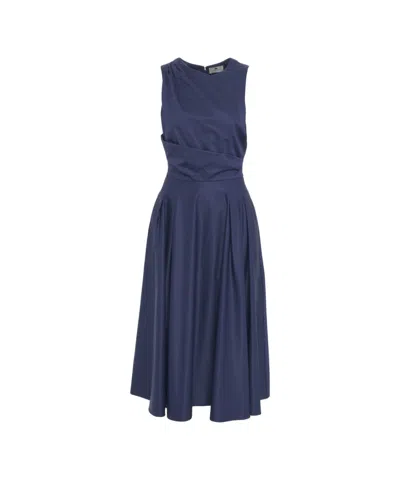 Elisabetta Franchi Calf-length Poplin Midi Dress With Pleated Skirt In Blue