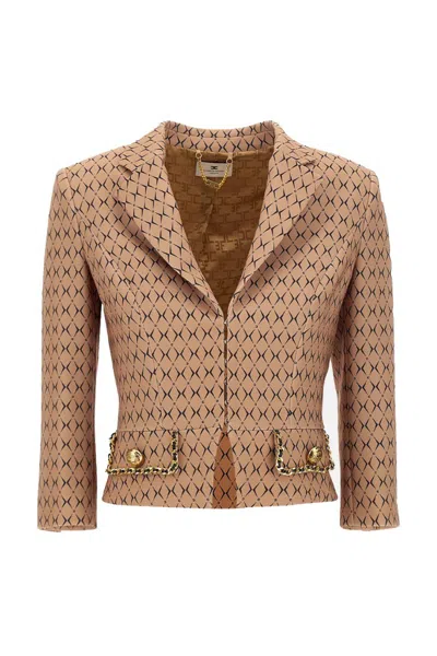Elisabetta Franchi Camel Diamond Pattern Blazer With Cropped Silhouette In Brown