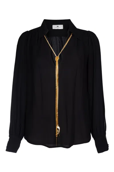 Elisabetta Franchi Sheer Fabric Collared Neck Gold Chain Long Sleeves In Black