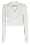 Elisabetta Franchi Cropped Shirt With Golden Chain And Padded Shoulders In White