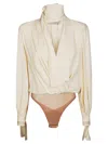 Elisabetta Franchi Bodysuit With Long Sleeves And Scarf Detail In Beige