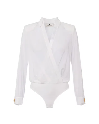 Elisabetta Franchi Camicia Body Bianca In Georgette Con Gemelli