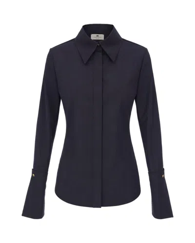 Elisabetta Franchi Navy Blue Flared Cuff Tailored Cotton Shirt