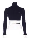 Elisabetta Franchi Turtleneck Top With Contrasting Poplin Insert And Logo Buckle In Blue