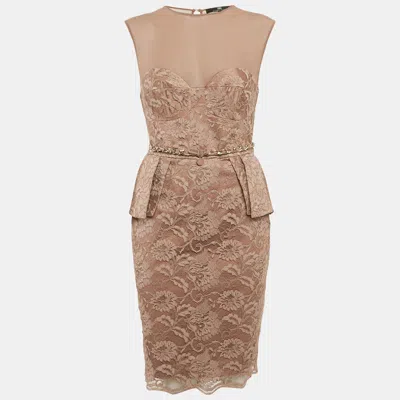 Pre-owned Elisabetta Franchi Caramel Brown Satin Lace Overlay Belted Short Dress M