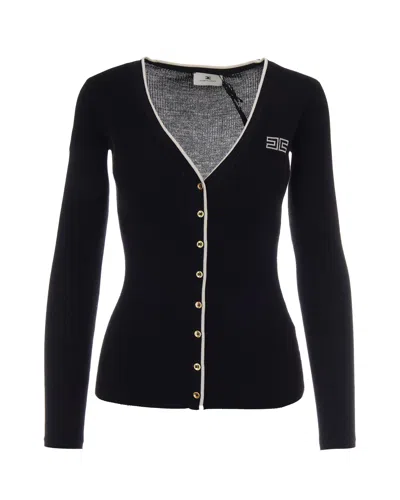 Elisabetta Franchi Logo-embroidered Ribbed Cardigan In Black