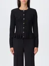 Elisabetta Franchi Tricot Pattern Sweater With Padded Shoulder Straps And Embroidered Hem In Black