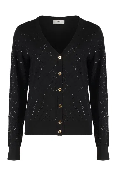 Elisabetta Franchi Cardigan In Wool With Crystals In Black