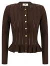 Elisabetta Franchi Textured Ribbed Fitted Cardigan With Peplum Hem In Brown