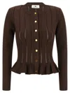 Elisabetta Franchi Textured Ribbed Fitted Cardigan With Peplum Hem In Brown