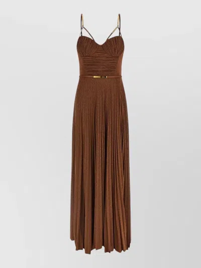 Elisabetta Franchi Carpet Dress Belt Metallic Pleated Straps In Brown