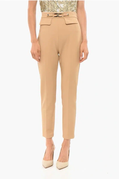 Elisabetta Franchi Carrot Fit Pants With Monogram Buckle In Brown