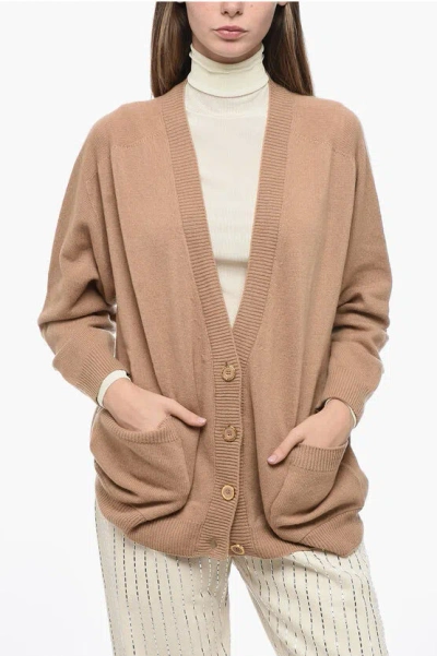 Elisabetta Franchi Cashmere Blend Daily Cardigan With Patch Pockets In Beige