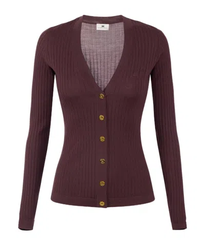 Elisabetta Franchi Cashmere Blend Ribbed Cardigan In Burgundy